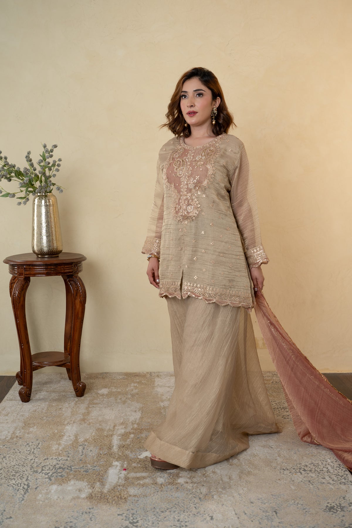 Golden Tissue Embroidered Palazzo Dress