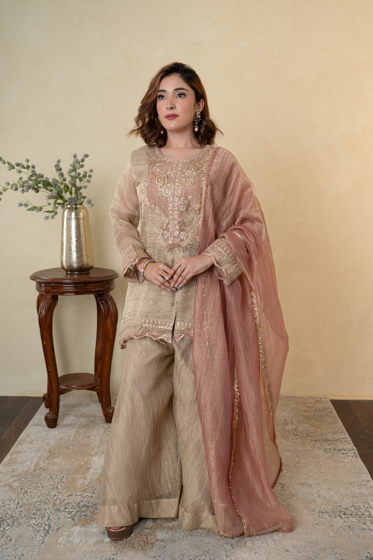 Golden Tissue Embroidered Palazzo Dress
