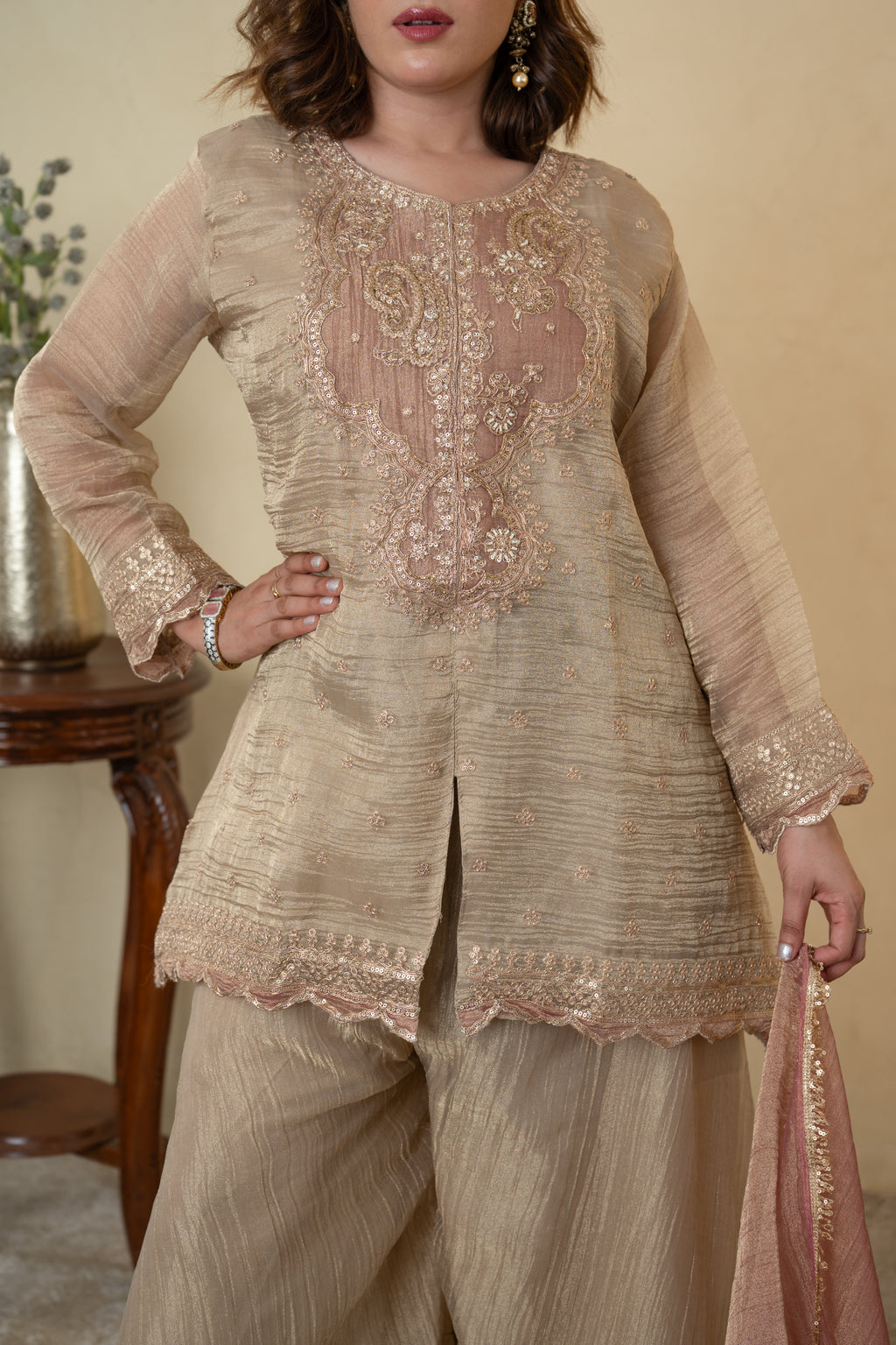 Golden Tissue Embroidered Palazzo Dress