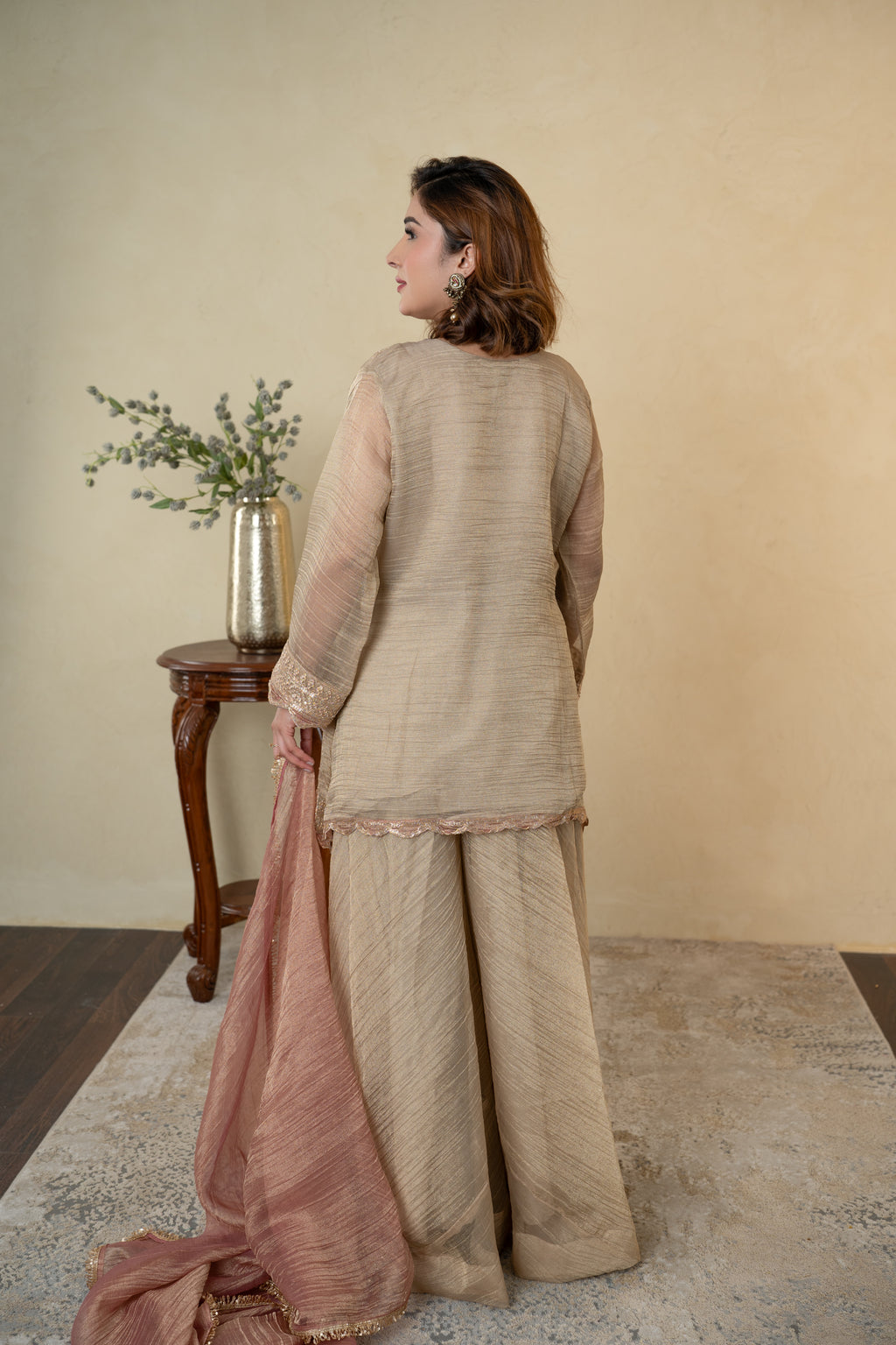 Golden Tissue Embroidered Palazzo Dress