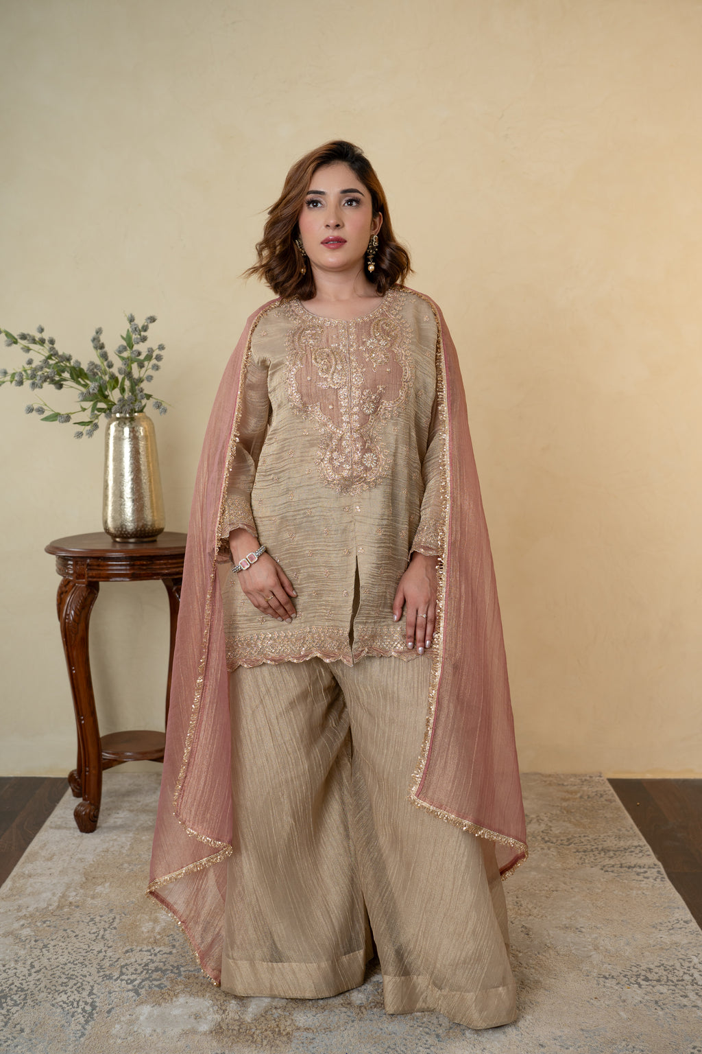 Golden Tissue Embroidered Palazzo Dress