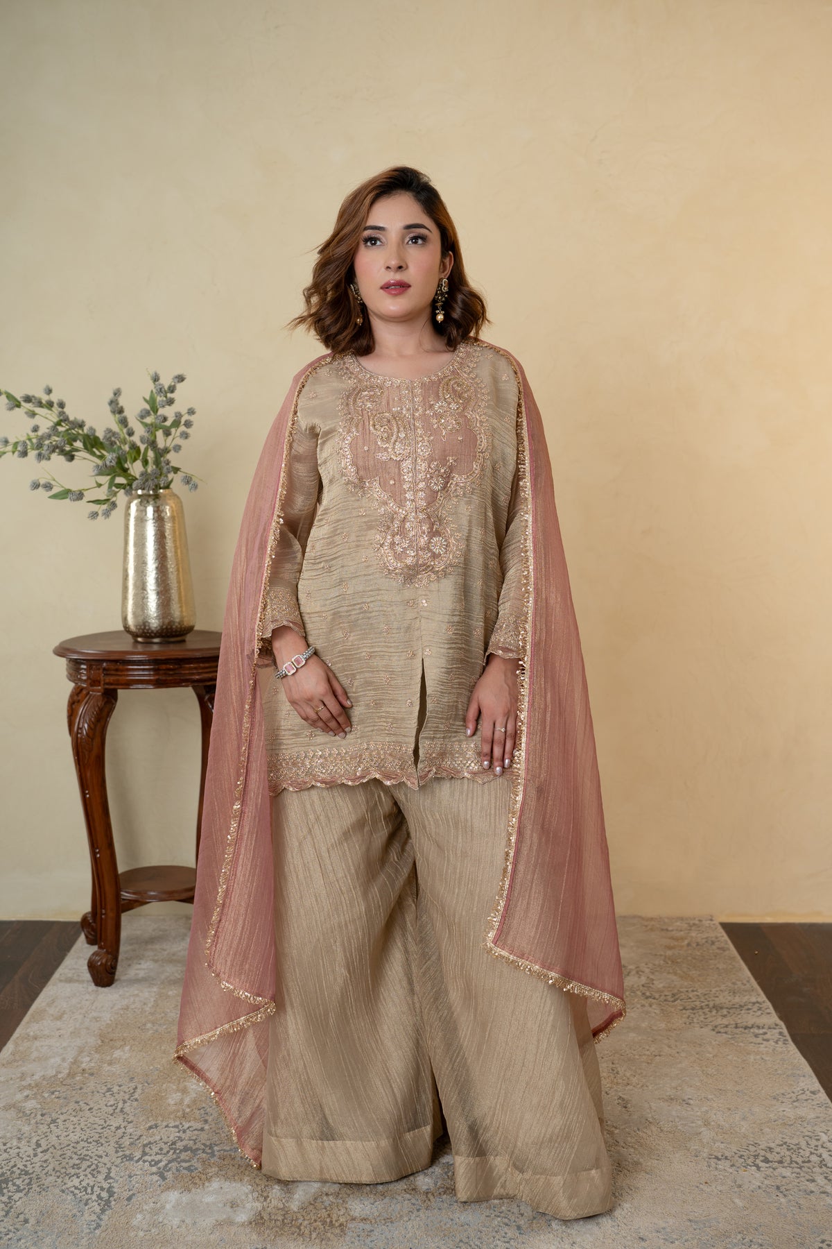 Golden Tissue Embroidered Palazzo Dress