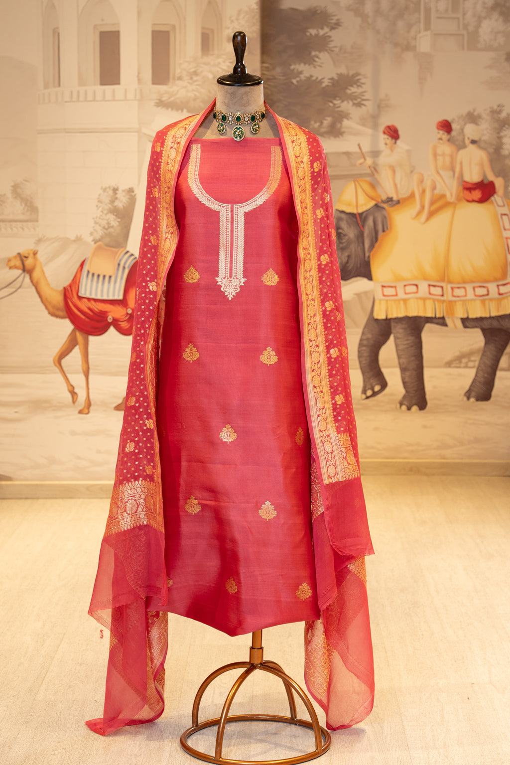 Onion Pure Silk Unstitched Suit Set With Weaving Details