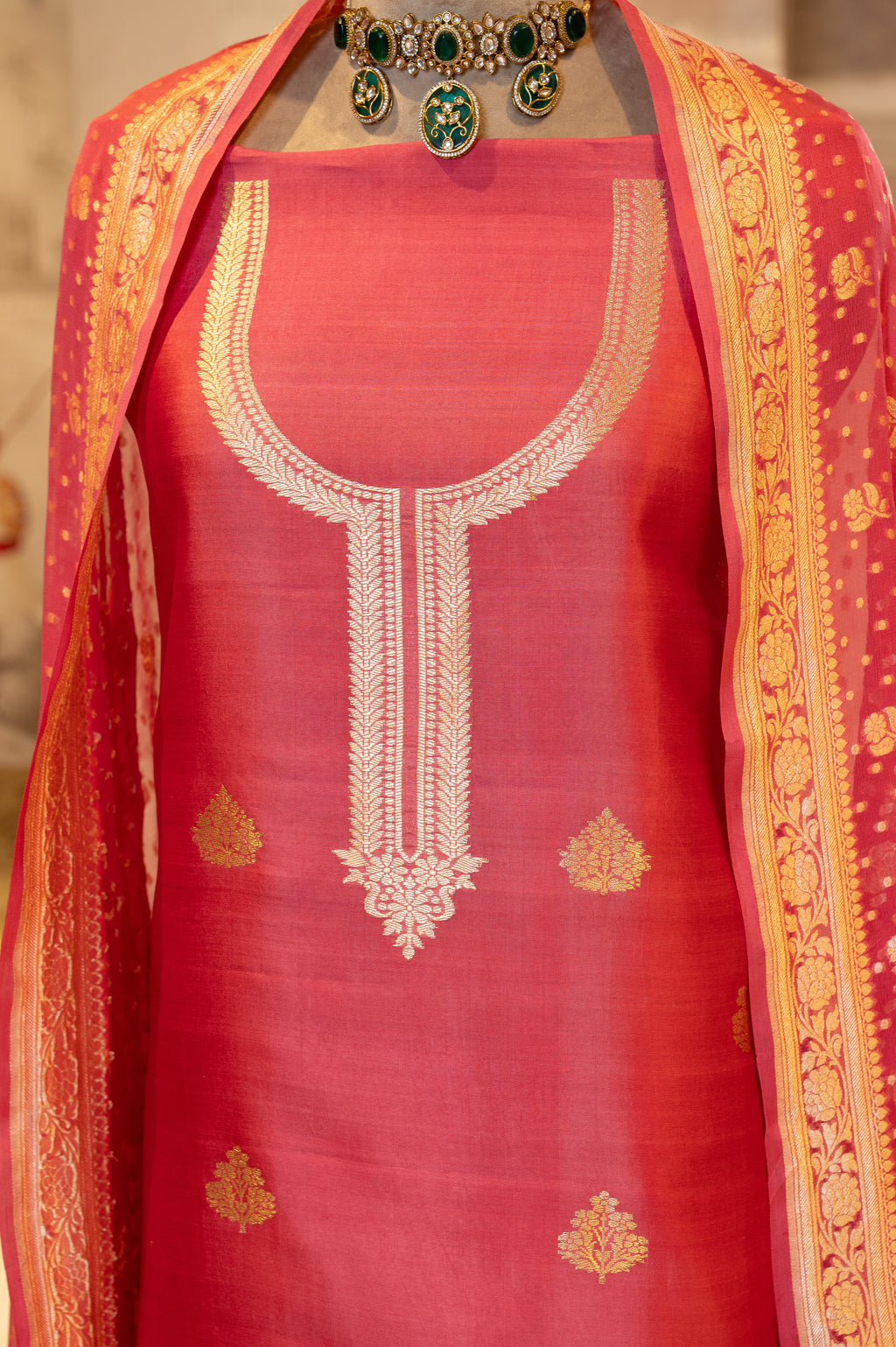 Onion Pure Silk Unstitched Suit Set With Weaving Details