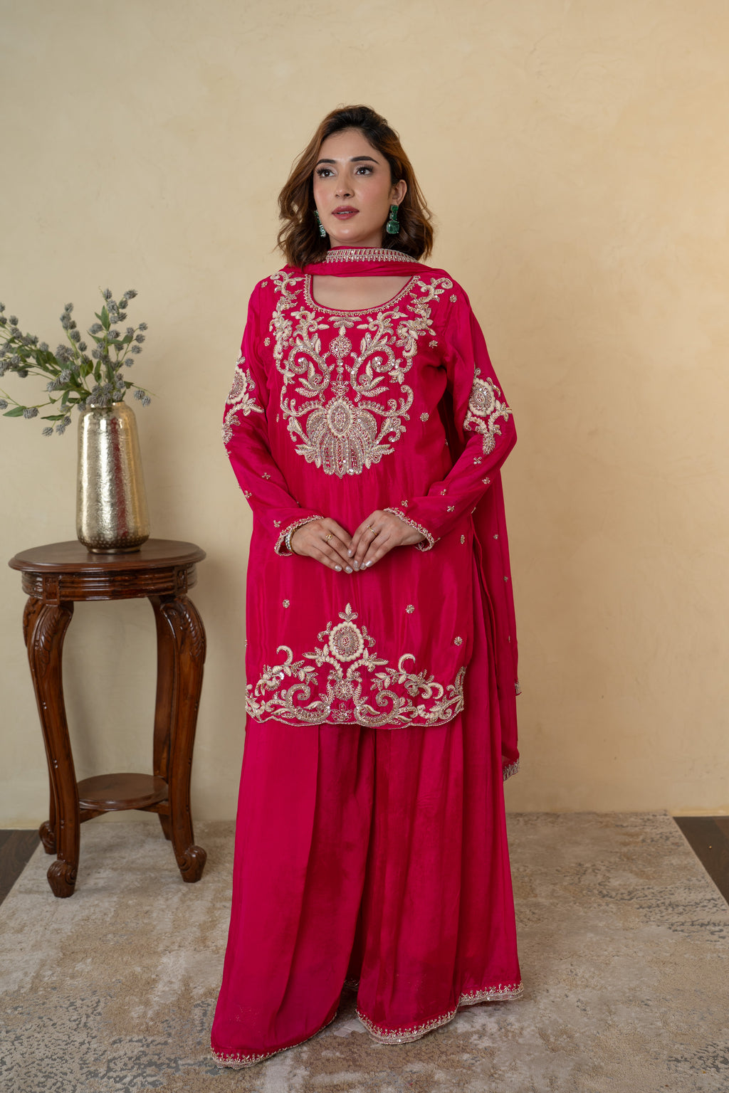 Pink Chinon Cutdana Butti Embroidered Sharara with Dupatta
