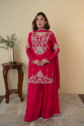 Pink Chinon Cutdana Butti Embroidered Sharara with Dupatta