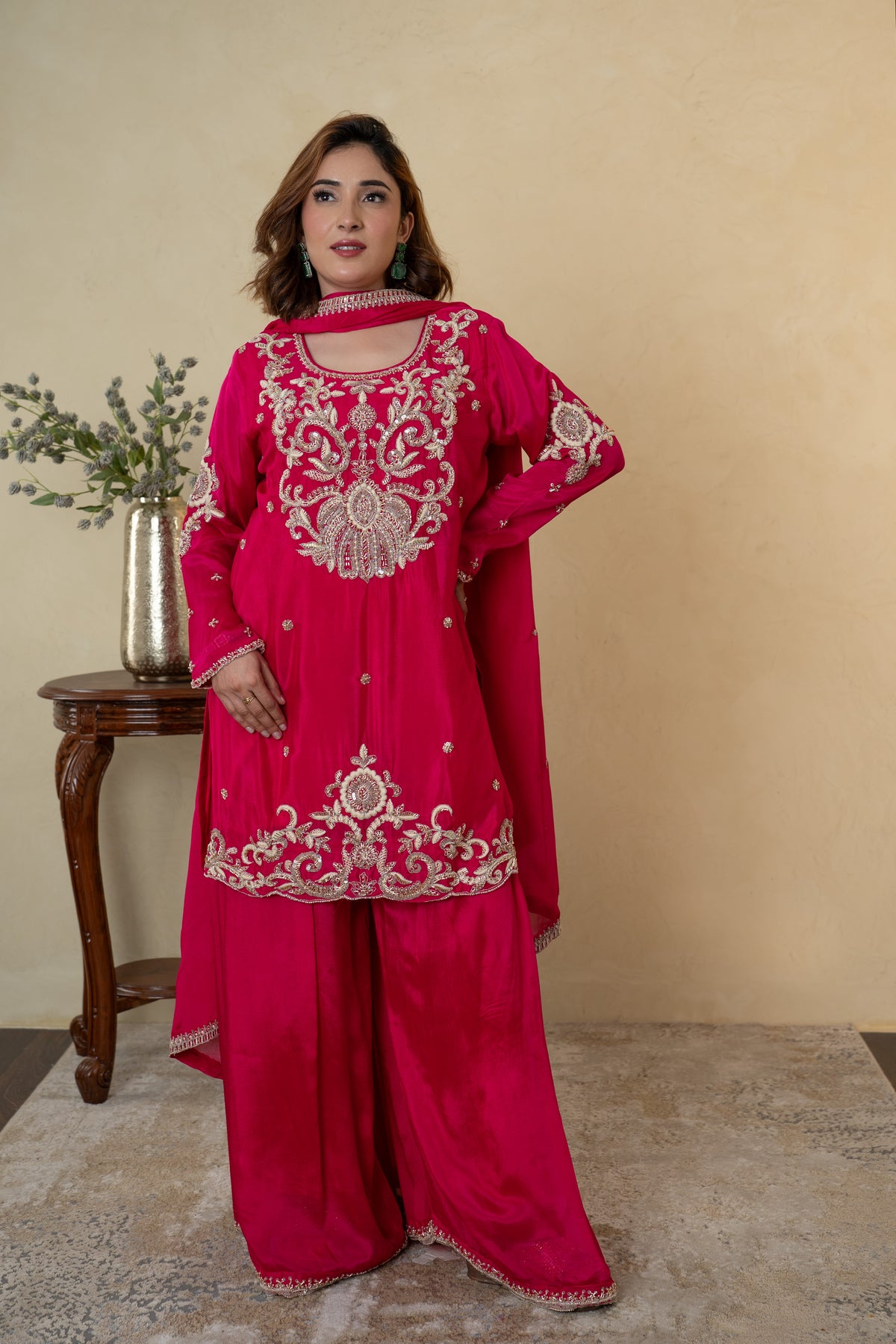 Pink Chinon Cutdana Butti Embroidered Sharara with Dupatta