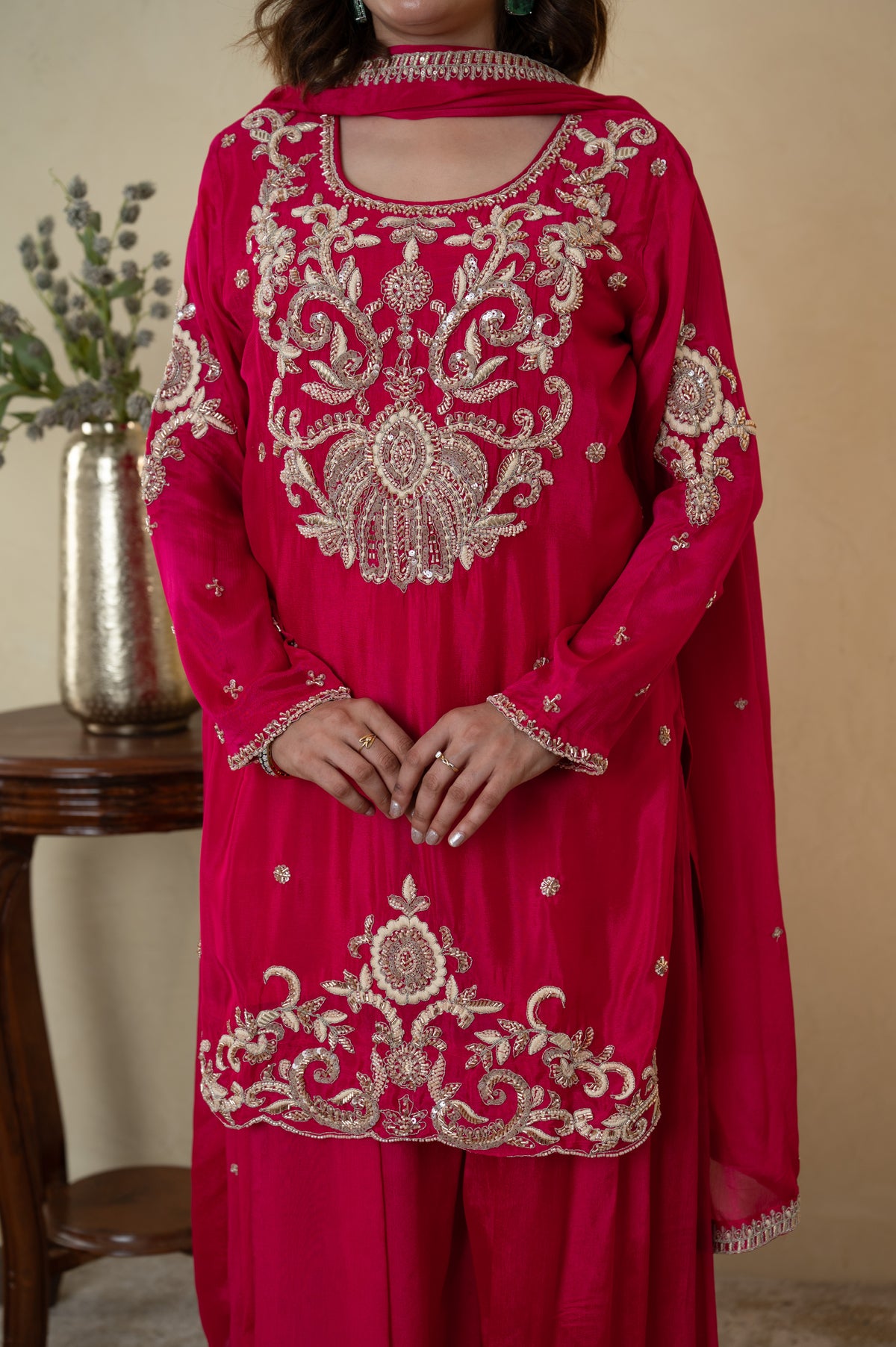 Pink Chinon Cutdana Butti Embroidered Sharara with Dupatta
