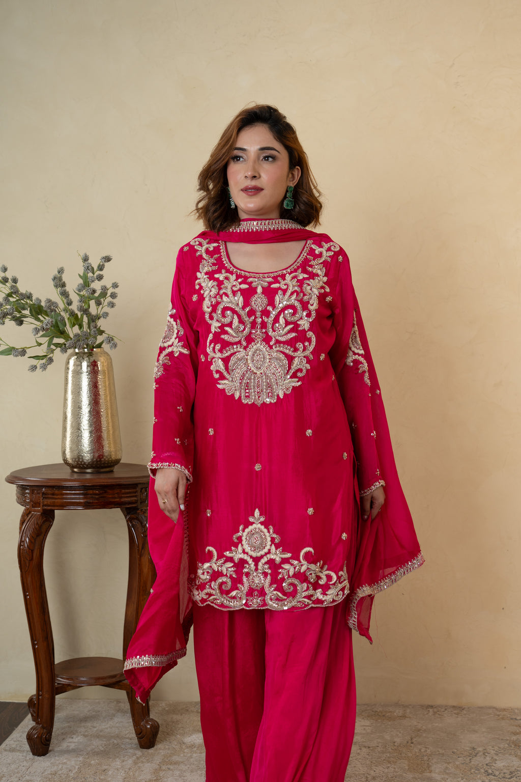 Pink Chinon Cutdana Butti Embroidered Sharara with Dupatta