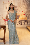 Ice Blue Net Sequin Embroidered Drape Saree with Blouse