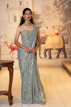 Ice Blue Net Sequin Embroidered Drape Saree with Blouse