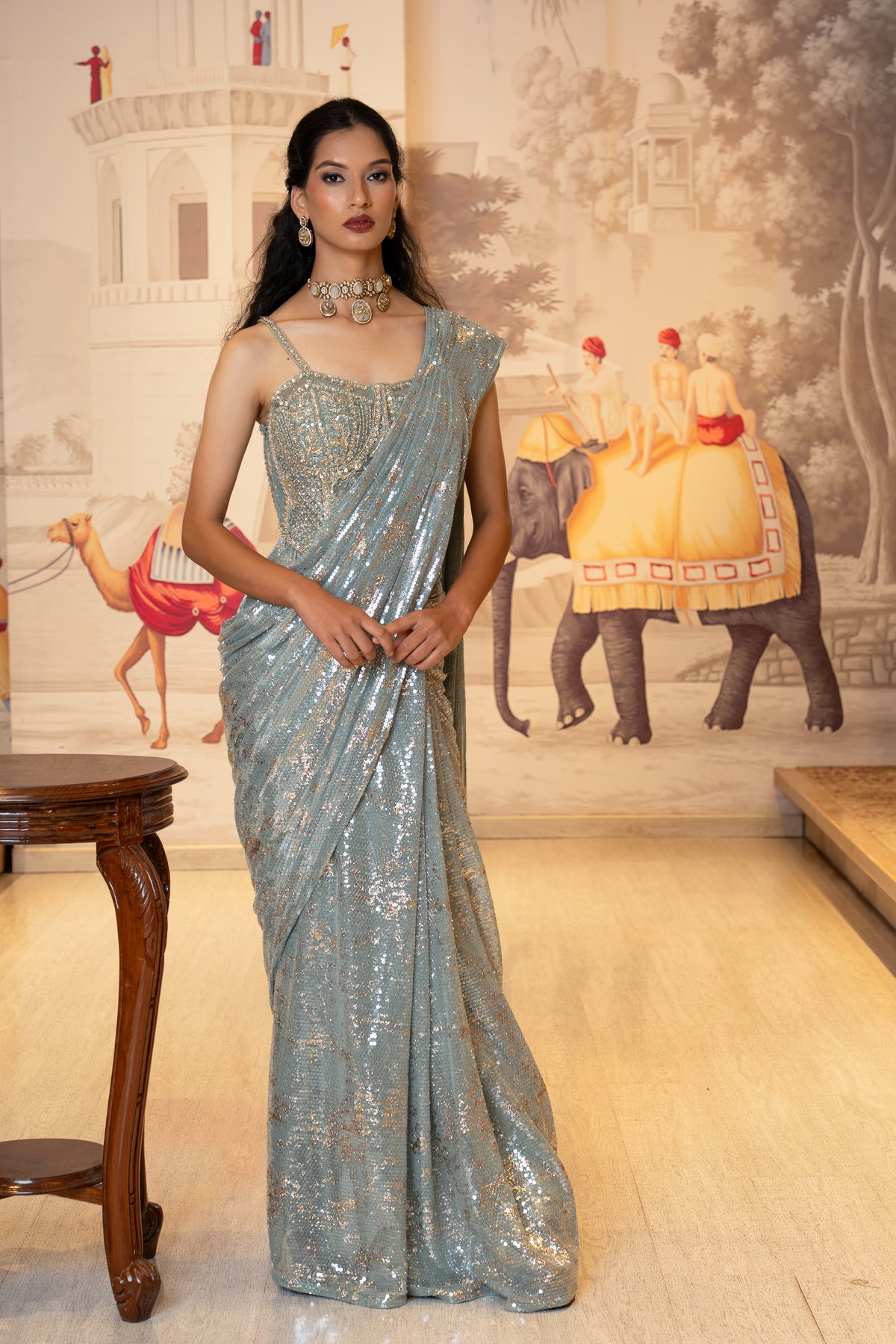 Ice Blue Net Sequin Embroidered Drape Saree with Blouse