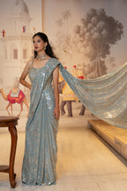 Ice Blue Net Sequin Embroidered Drape Saree with Blouse