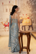 Ice Blue Net Sequin Embroidered Drape Saree with Blouse