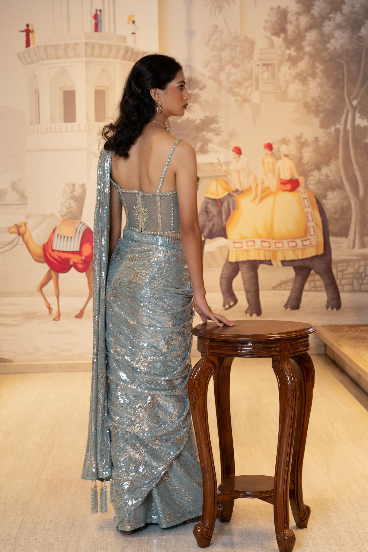 Ice Blue Net Sequin Embroidered Drape Saree with Blouse