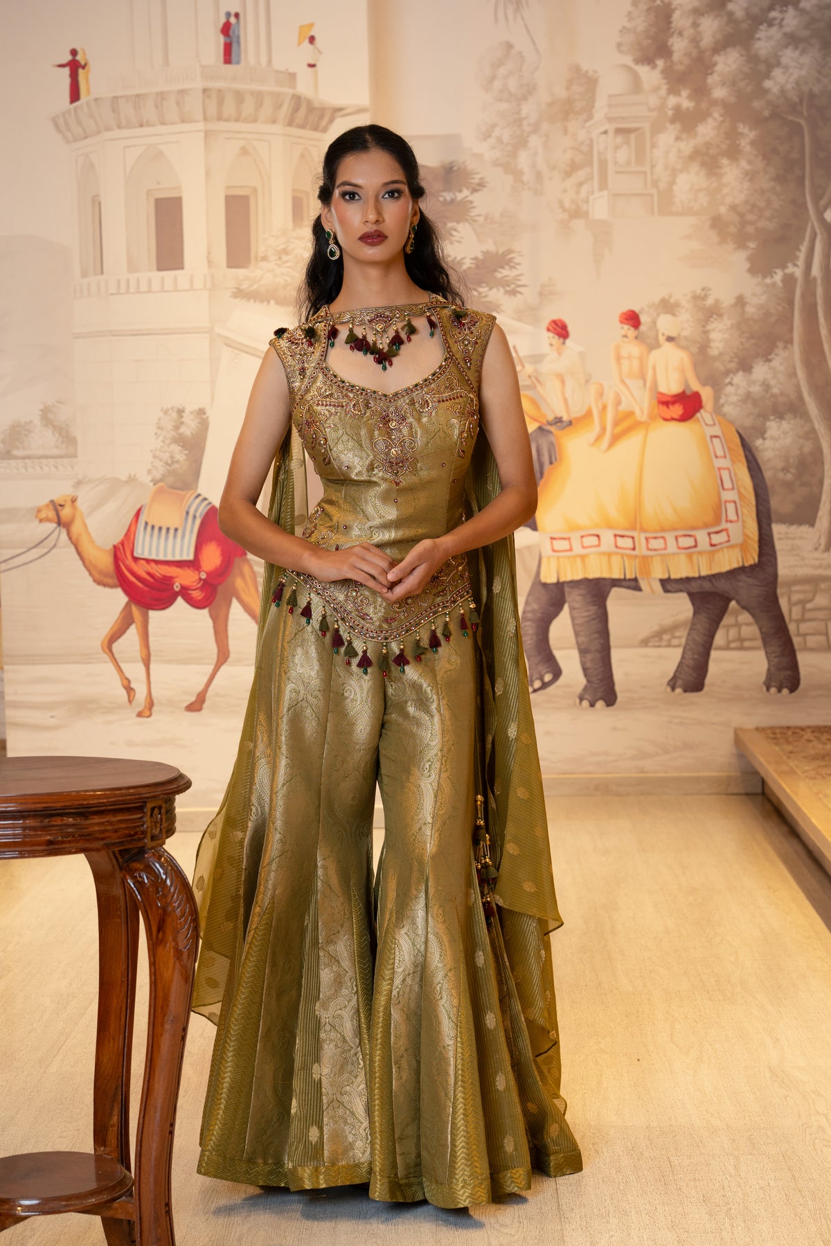Olive Green Brocade Hand Embroidered Palazzo Dress