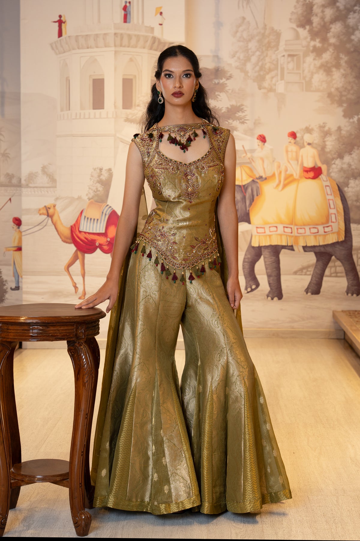 Olive Green Brocade Hand Embroidered Palazzo Dress