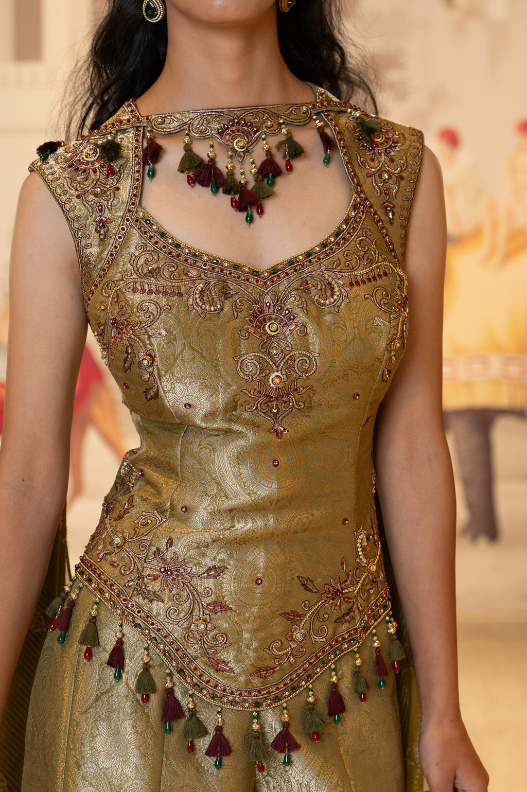 Olive Green Brocade Hand Embroidered Palazzo Dress