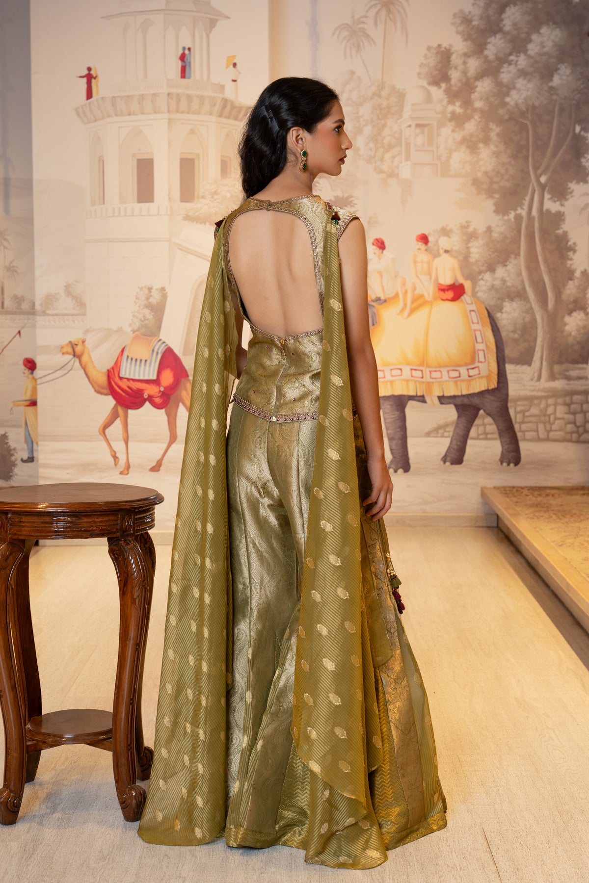 Olive Green Brocade Hand Embroidered Palazzo Dress