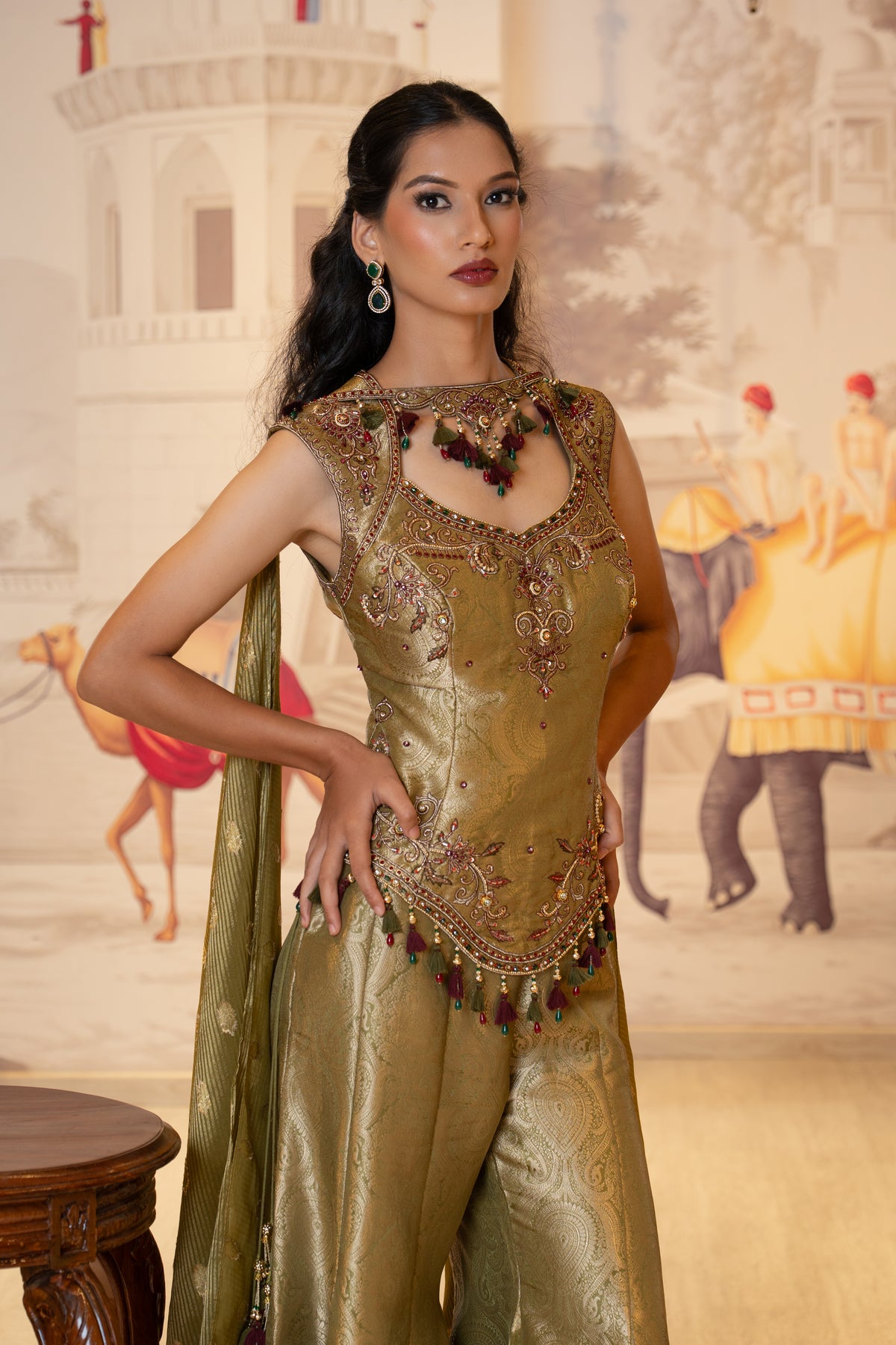 Olive Green Brocade Hand Embroidered Palazzo Dress