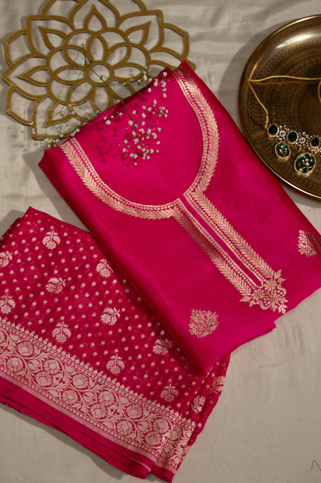 Rani Pure Silk Unstitched Suit Set With Weaving Details