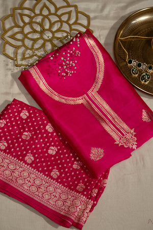 Rani Pure Silk Unstitched Suit Set With Weaving Details