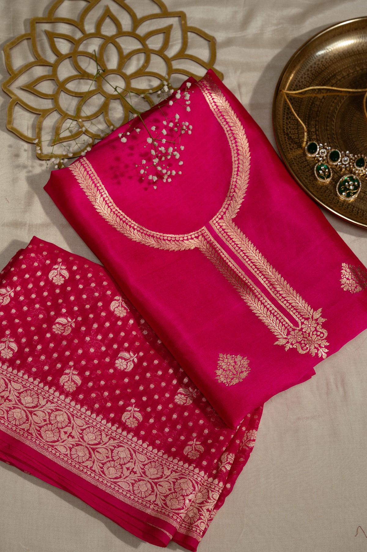 Rani Pure Silk Unstitched Suit Set With Weaving Details