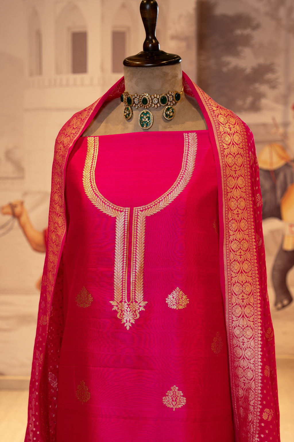 Rani Pure Silk Unstitched Suit Set With Weaving Details