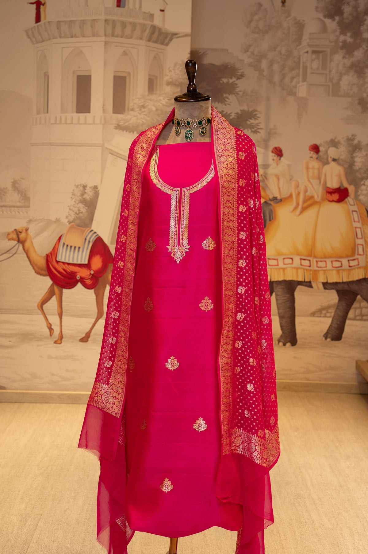 Rani Pure Silk Unstitched Suit Set With Weaving Details