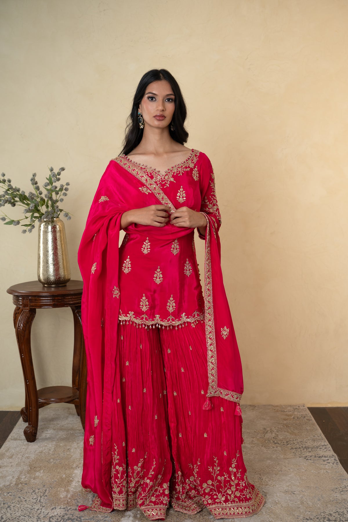 Magenta Silk Cutdana Embroidered Sharara Suit with Dupatta