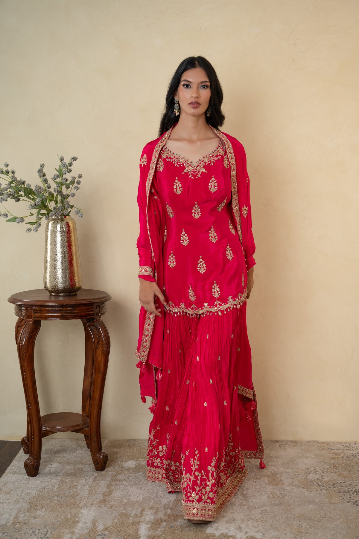 Magenta Silk Cutdana Embroidered Sharara Suit with Dupatta