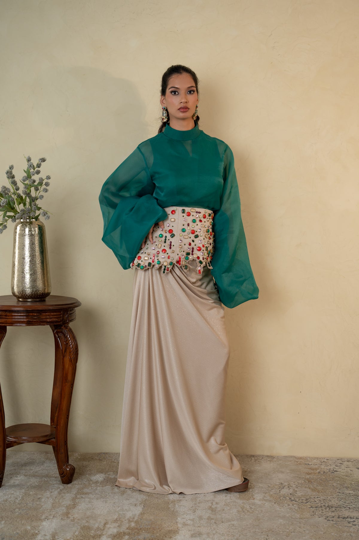 Pleated Skirt Dress with Stone Work