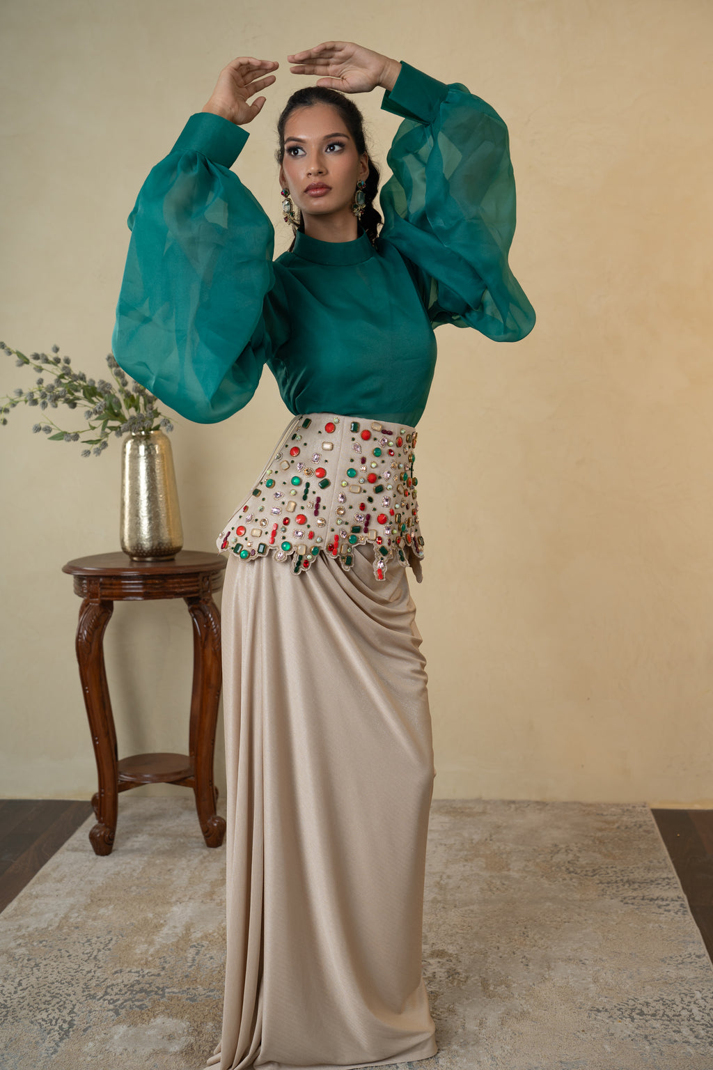 Pleated Skirt Dress with Stone Work