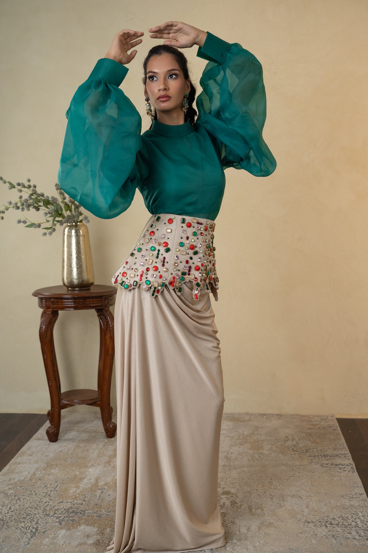 Pleated Skirt Dress with Stone Work