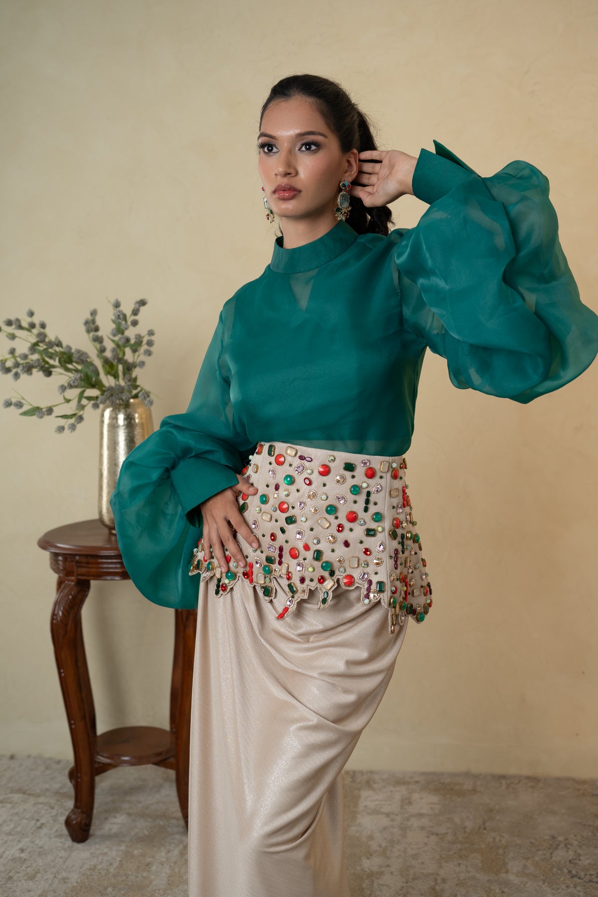 Pleated Skirt Dress with Stone Work