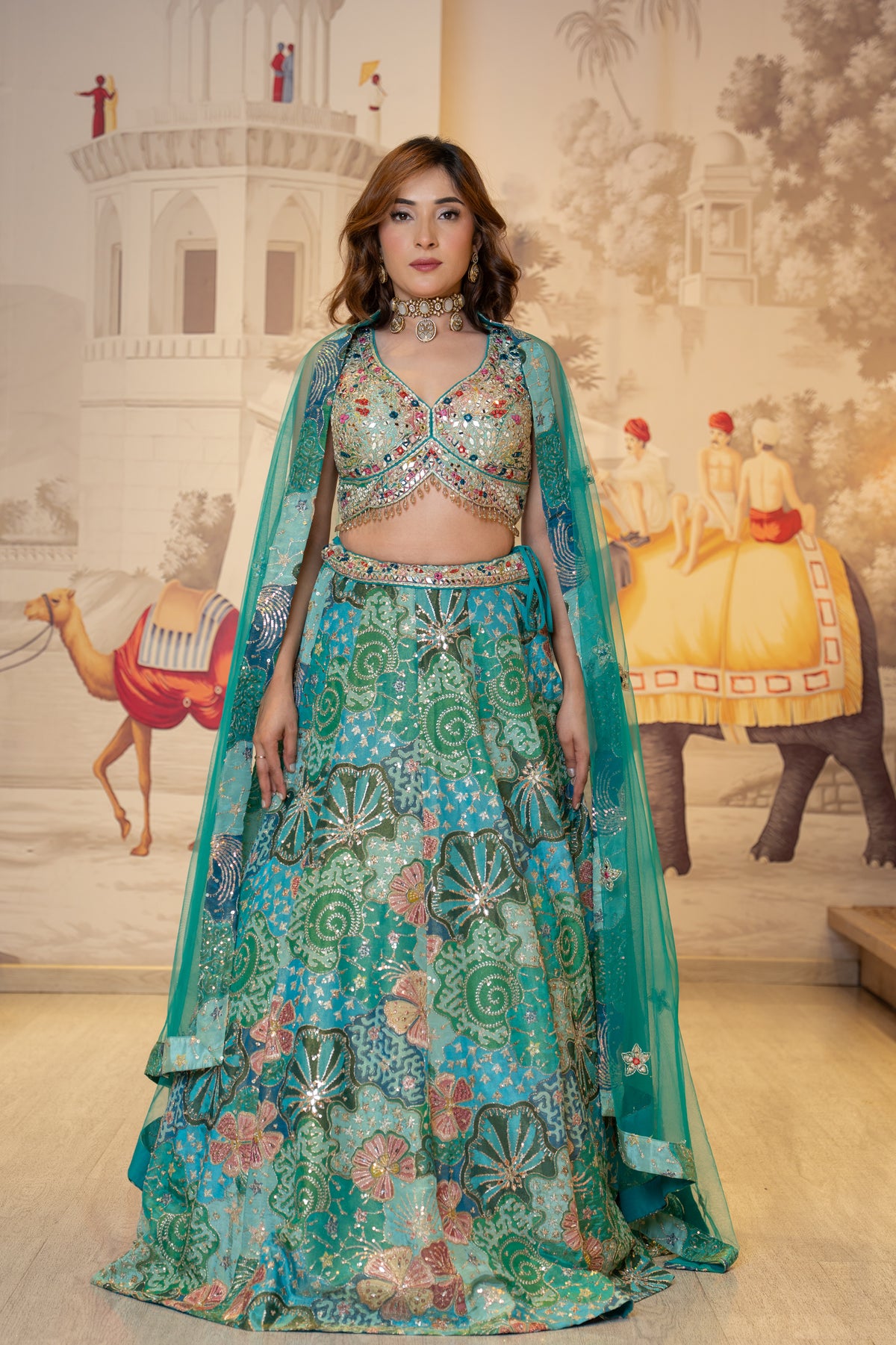 Teal Blue Silk Mirror Work Lehenga Set