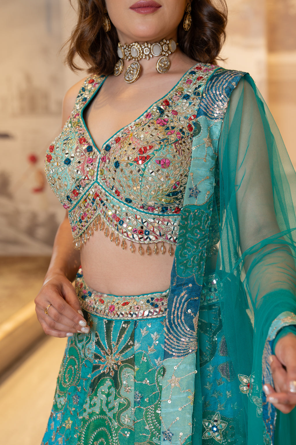 Teal Blue Silk Mirror Work Lehenga Set