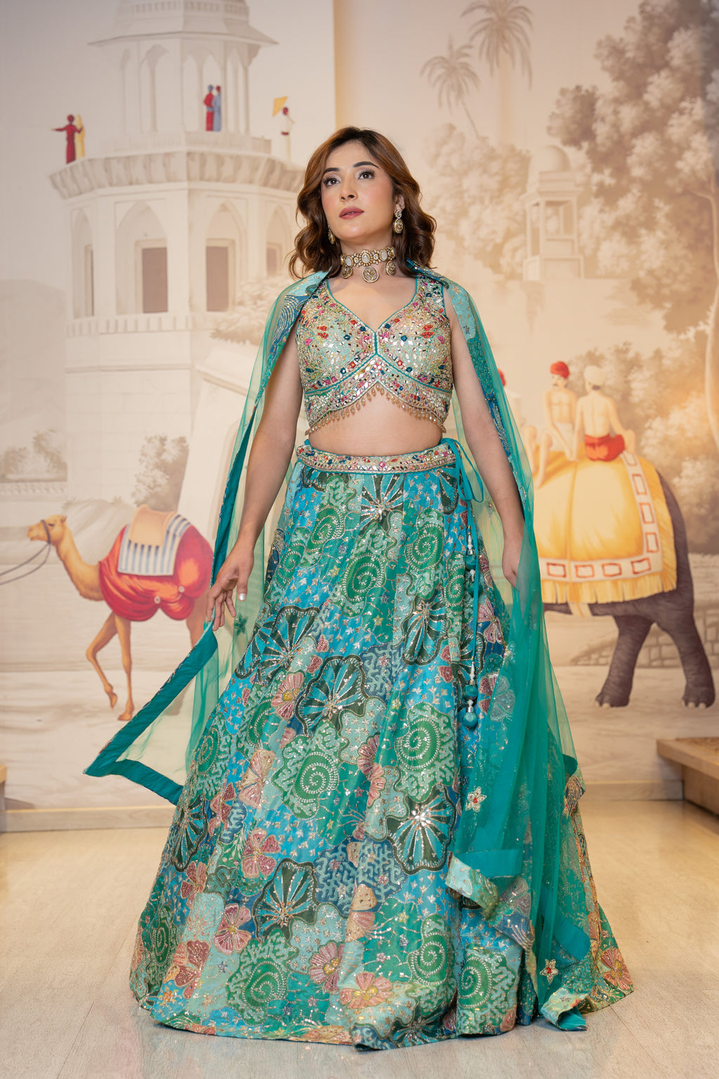 Teal Blue Silk Mirror Work Lehenga Set