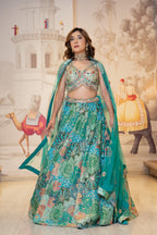 Teal Blue Silk Mirror Work Lehenga Set