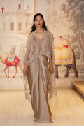 Taupe Tissue Silk Embroidered Pleated Skirt Shrug