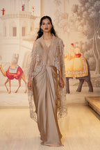Taupe Tissue Silk Embroidered Pleated Skirt Shrug