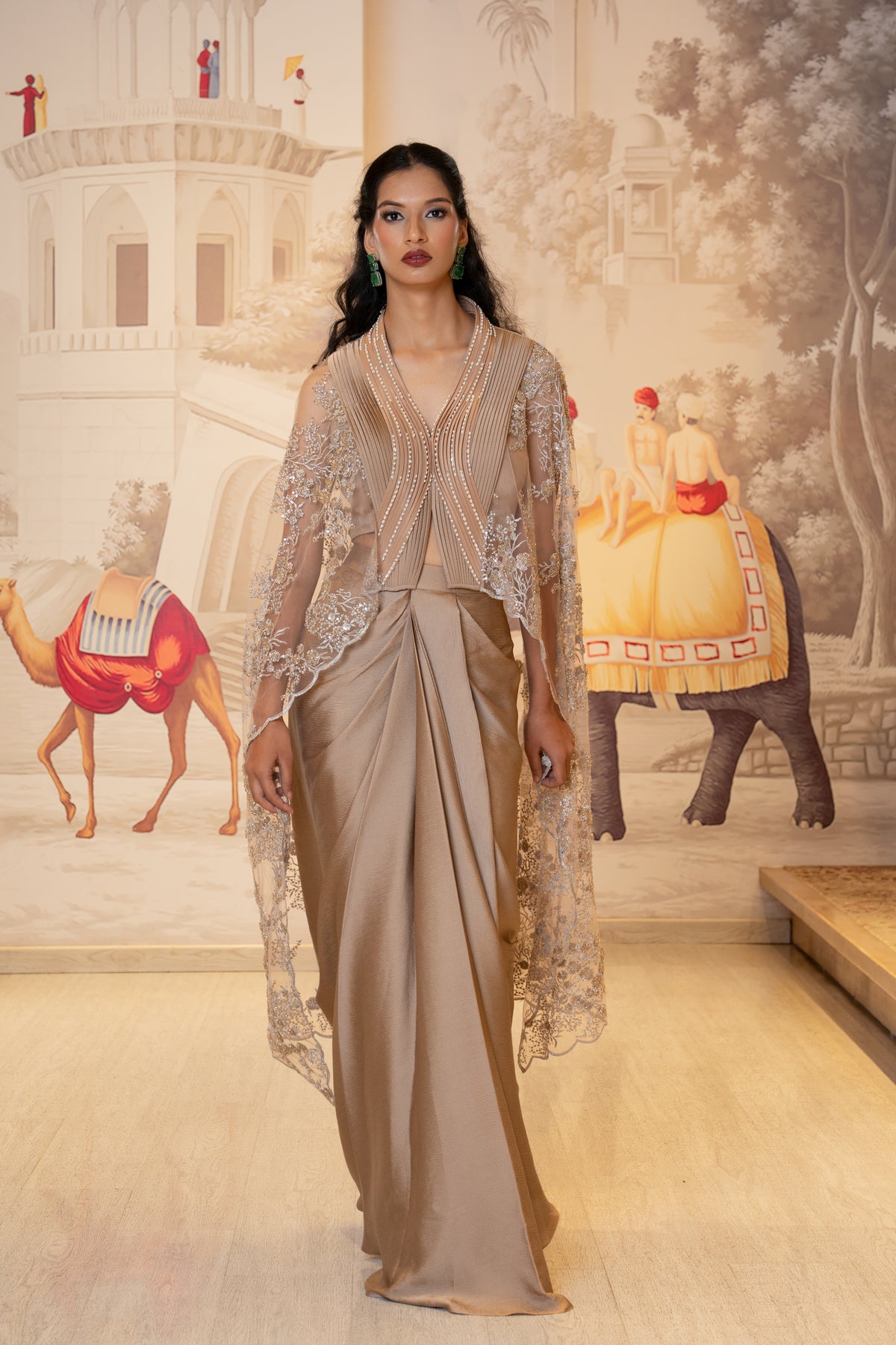 Taupe Tissue Silk Embroidered Pleated Skirt Shrug