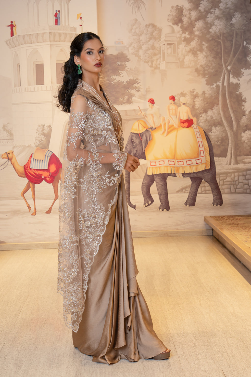 Taupe Tissue Silk Embroidered Pleated Skirt Shrug