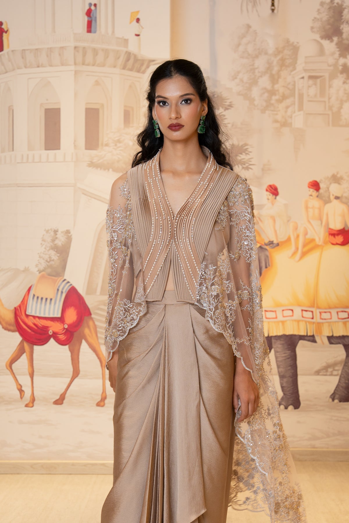 Taupe Tissue Silk Embroidered Pleated Skirt Shrug