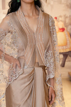 Taupe Tissue Silk Embroidered Pleated Skirt Shrug