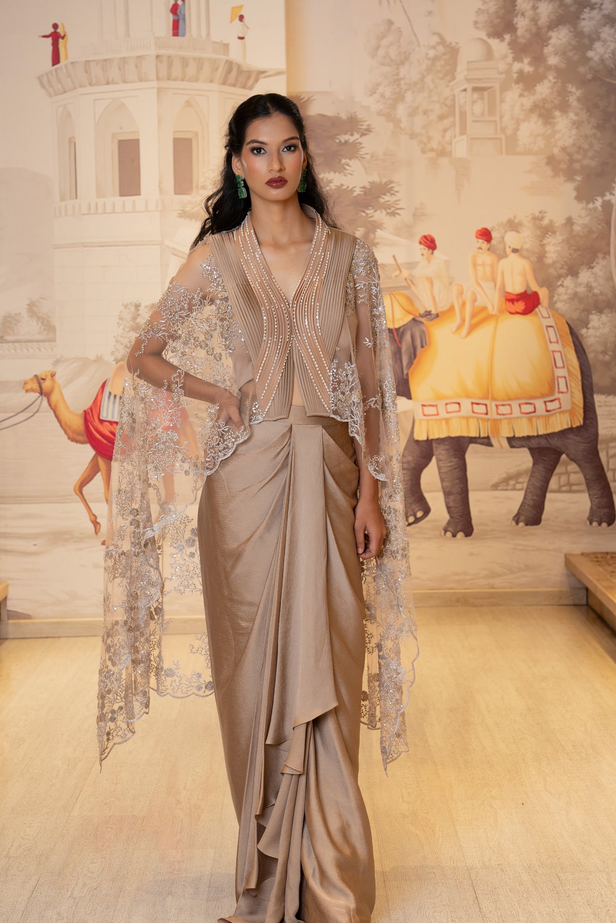 Taupe Tissue Silk Embroidered Pleated Skirt Shrug