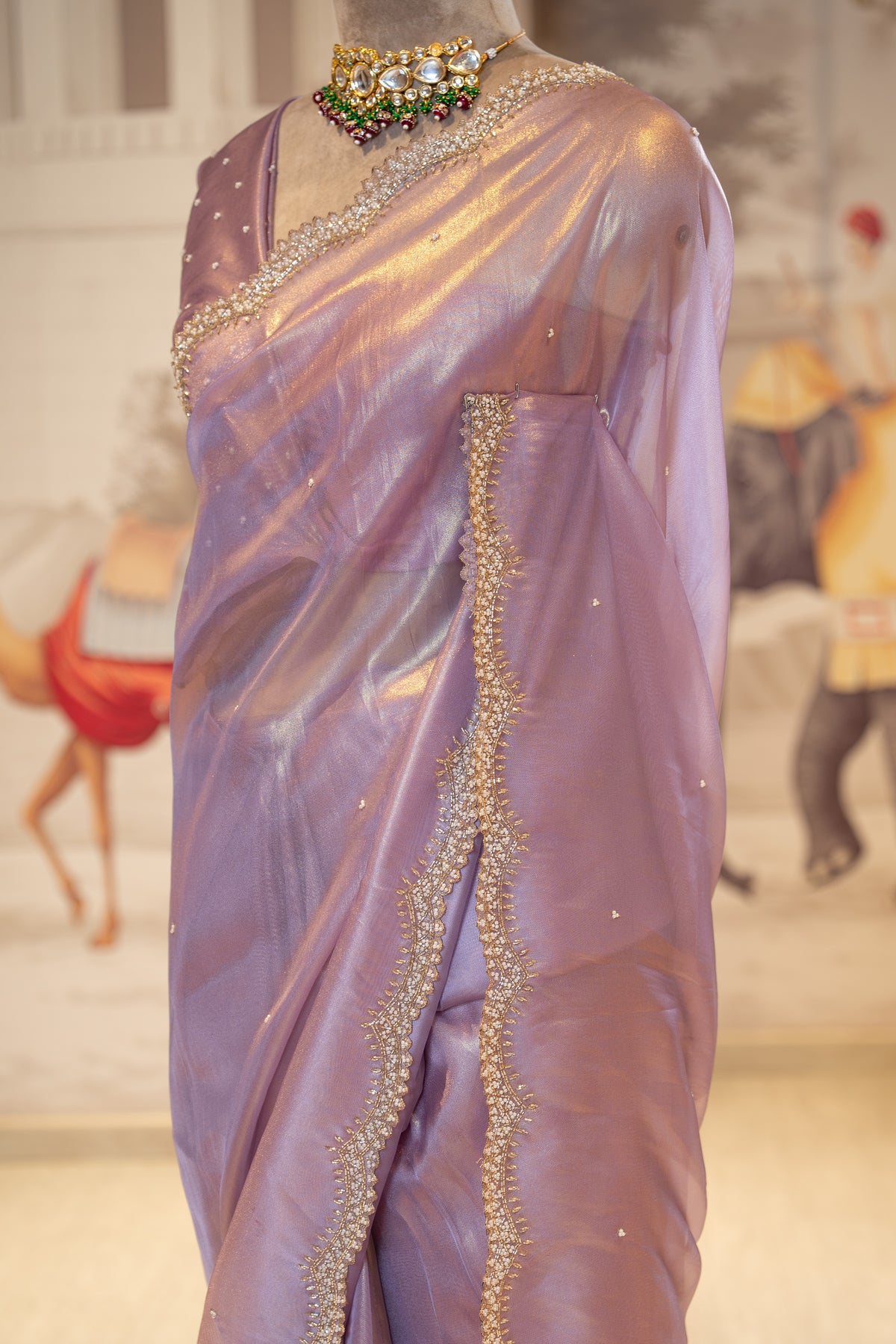 Lavender Sheer Organza Saree With Pearl And Cutdana Details