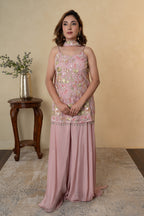 Pink Net Cutdana & Pearl Work Palazzo Dress with Choker Dupatta