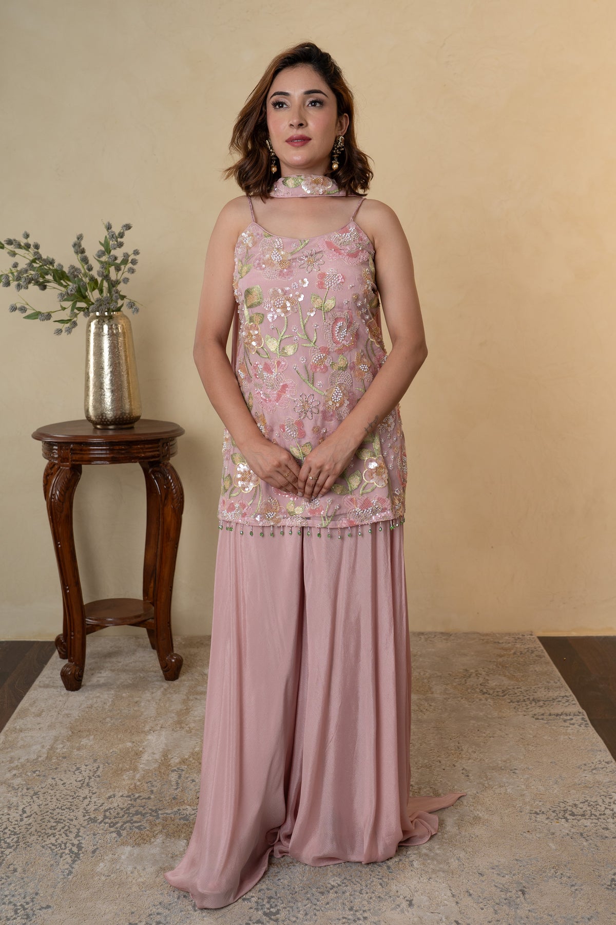 Pink Net Cutdana & Pearl Work Palazzo Dress with Choker Dupatta