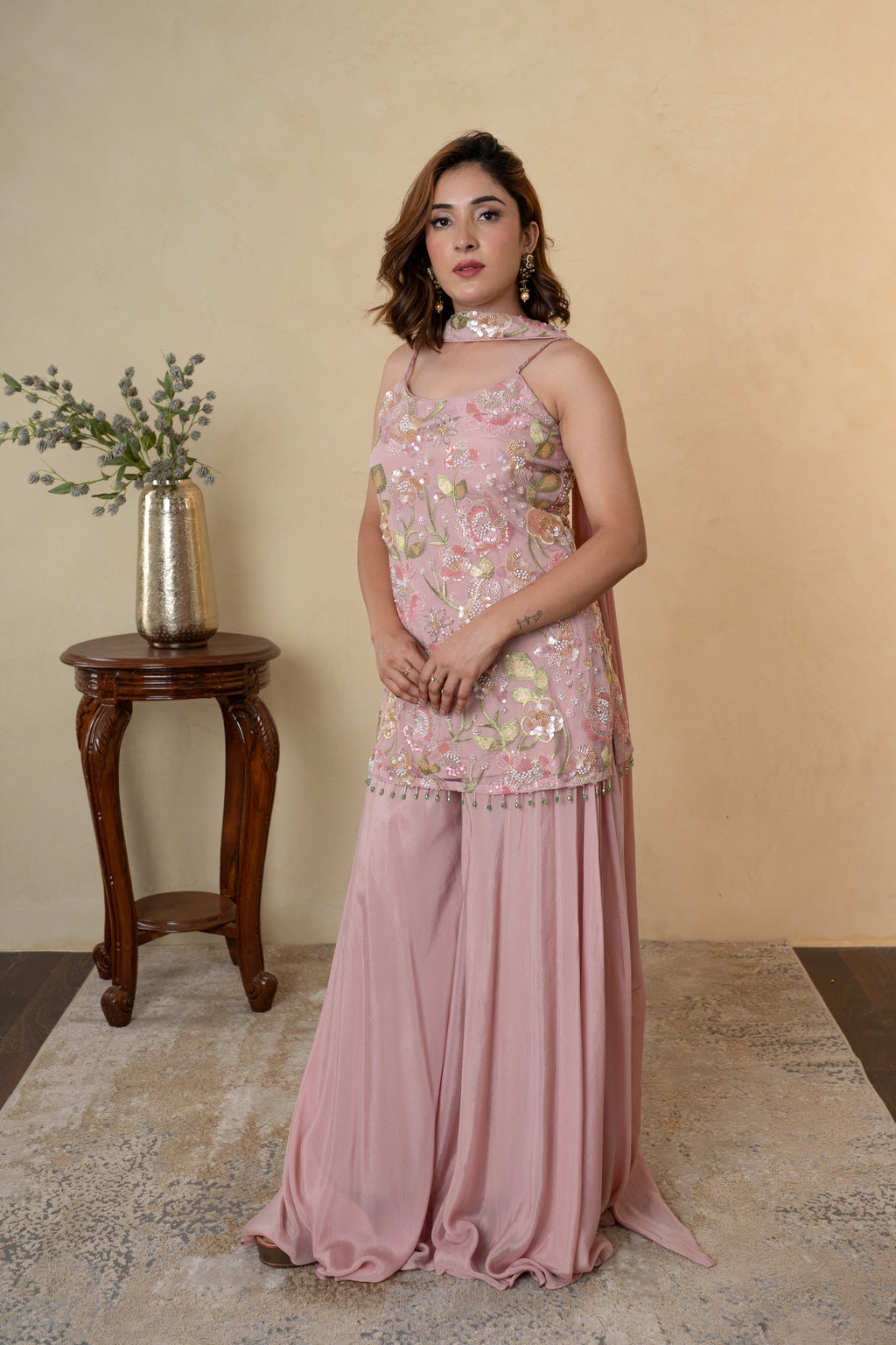 Pink Net Cutdana & Pearl Work Palazzo Dress with Choker Dupatta